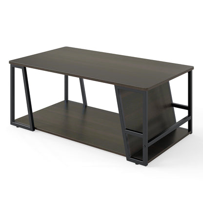 Rectangle Coffee Table 2-tier Industrial Accent Table with Storage Shelf and Compartment