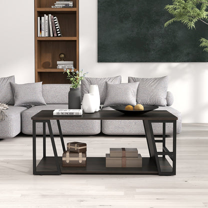 Rectangle Coffee Table 2-tier Industrial Accent Table with Storage Shelf and Compartment
