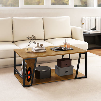 Rectangle Coffee Table 2-tier Industrial Accent Table with Storage Shelf and Compartment