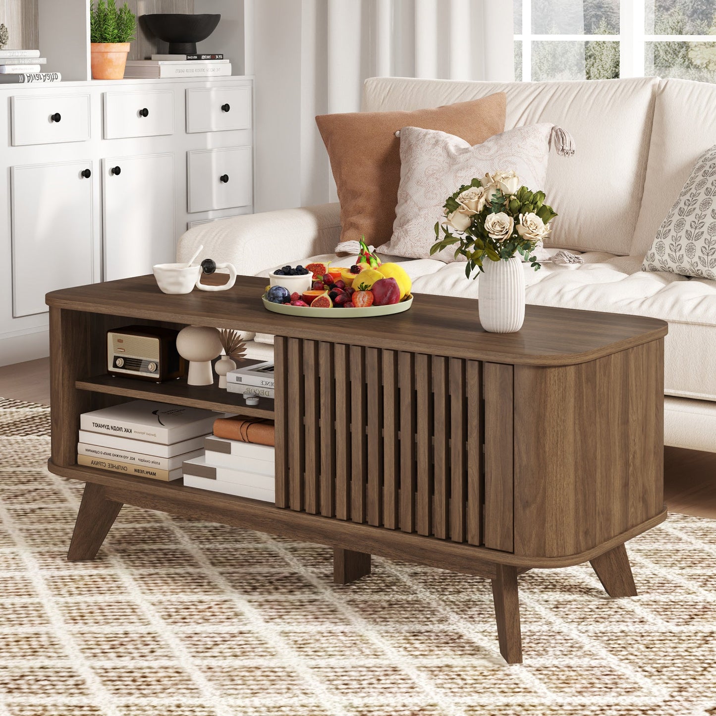 Mesa de centro rectangular con almacenamiento y estantes ajustables-Nogal