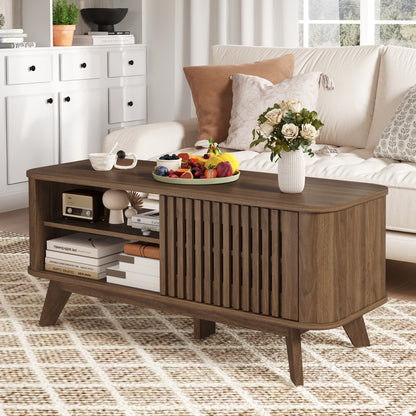 Mesa de centro rectangular con almacenamiento y estantes ajustables-Nogal
