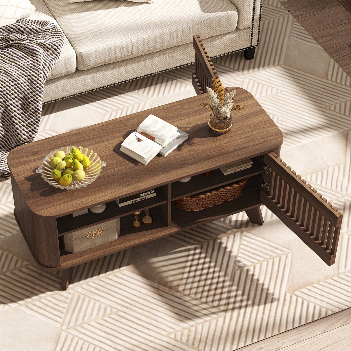 Mesa de centro rectangular con almacenamiento y estantes ajustables-Nogal