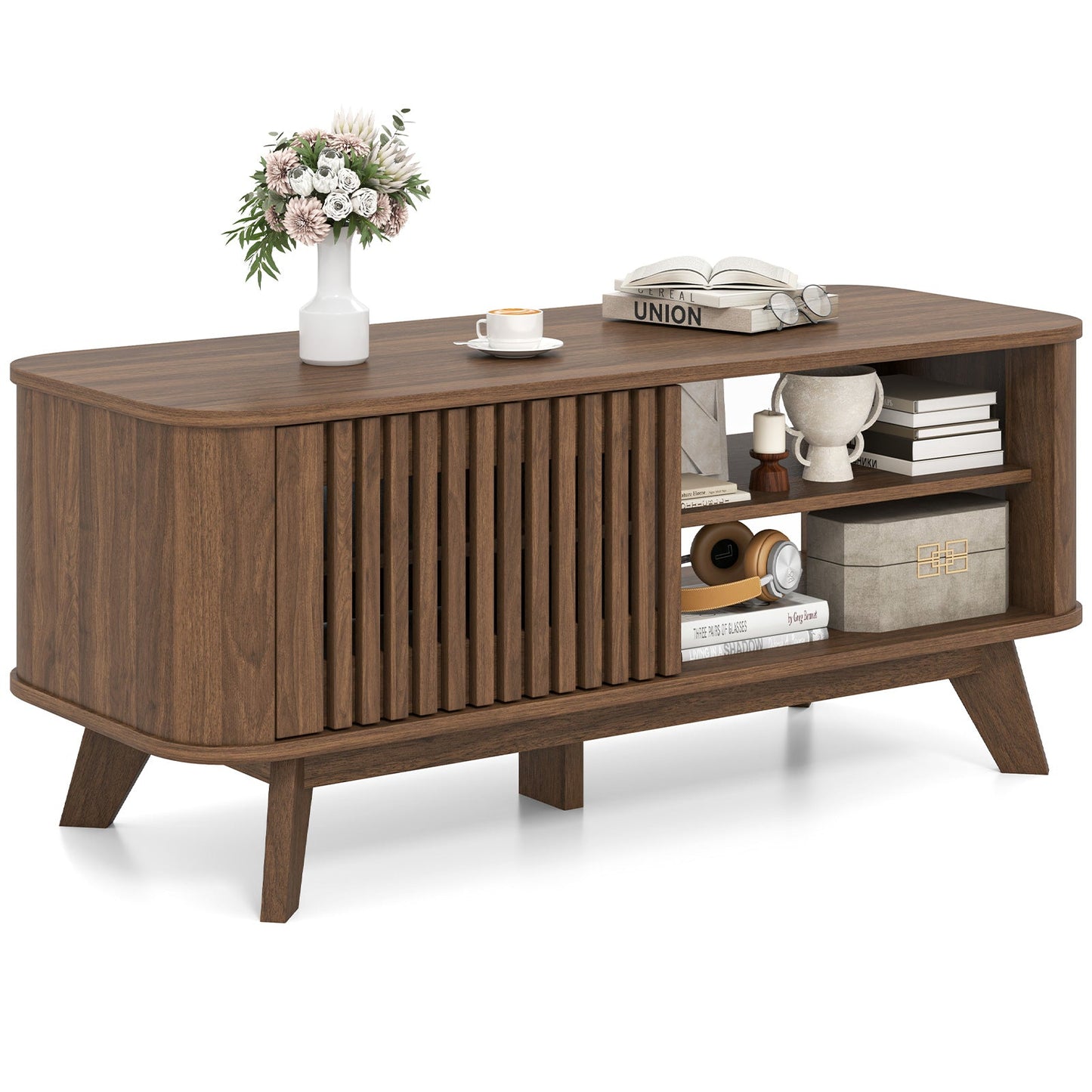 Mesa de centro rectangular con almacenamiento y estantes ajustables-Nogal
