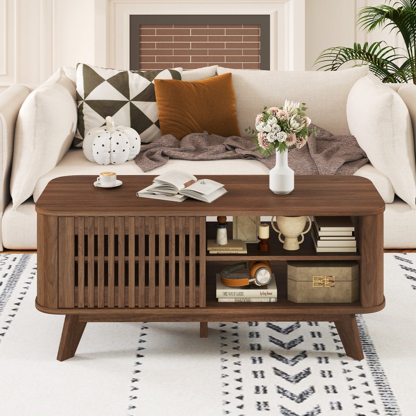 Mesa de centro rectangular con almacenamiento y estantes ajustables-Nogal