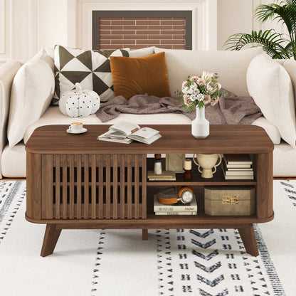 Mesa de centro rectangular con almacenamiento y estantes ajustables-Nogal