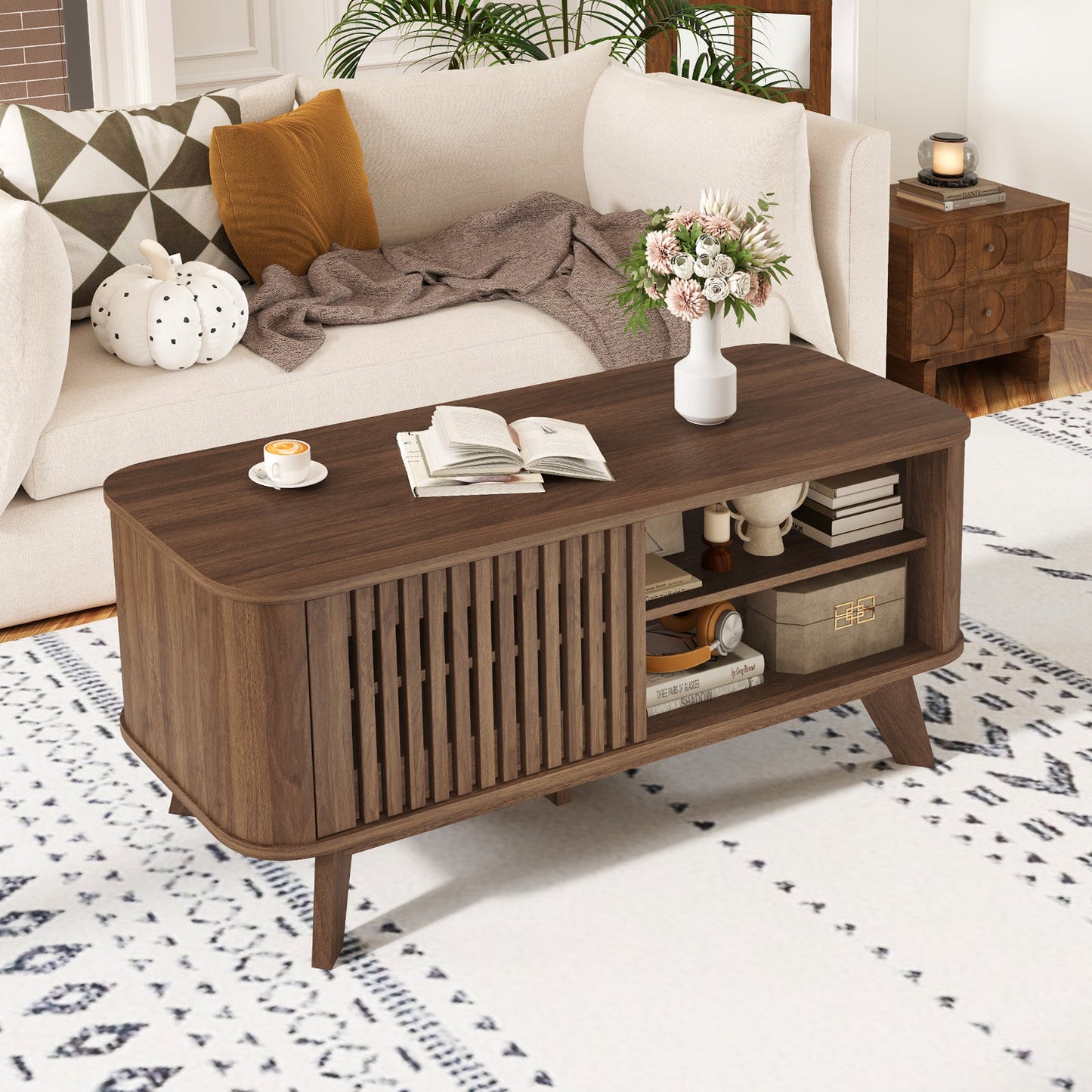 Mesa de centro rectangular con almacenamiento y estantes ajustables-Nogal