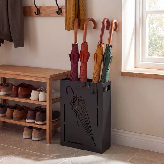 Rectangular umbrella stand DirectDeals, black metal with drip tray, holds four umbrellas on Tampa Home & Garden Store