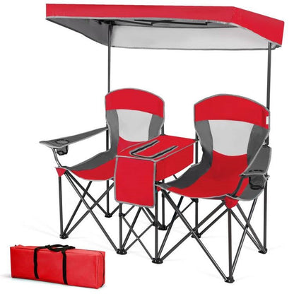 Red 2-Piece Folding Camping Canopy Chairs Set with Cup Holder and Storage Pocket - Tampa Home & Garden Store