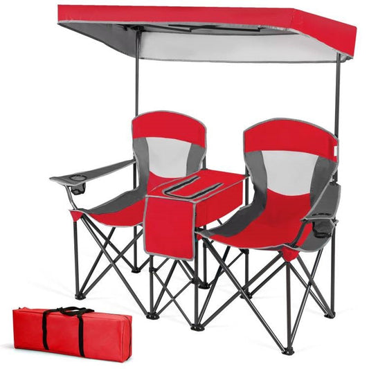 Red 2-Piece Folding Camping Canopy Chairs Set with Cup Holder and Storage Pocket - Tampa Home & Garden Store