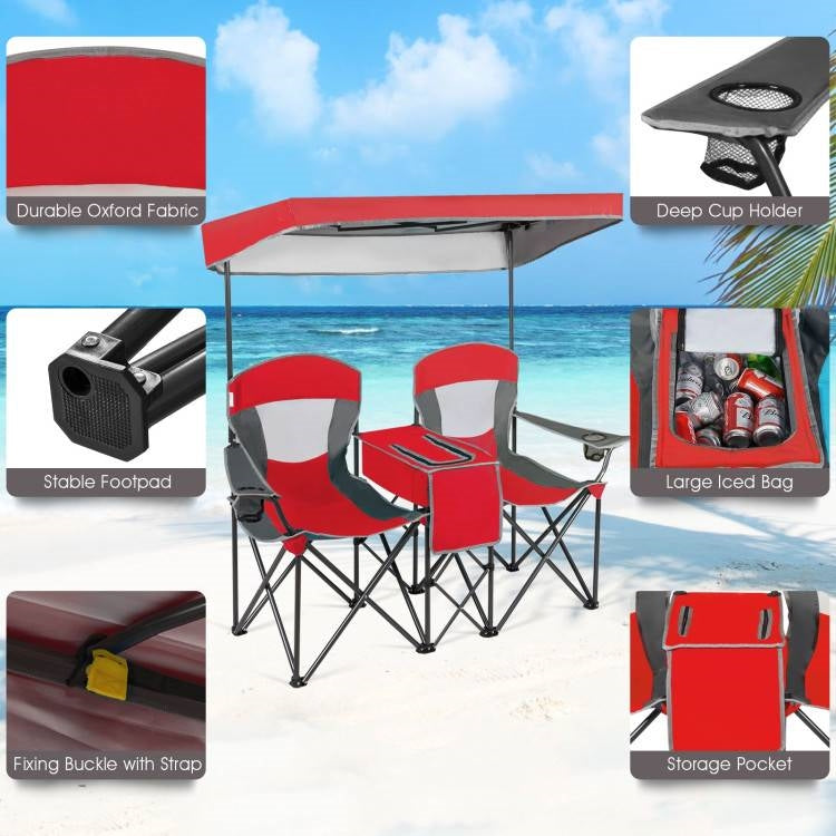Red 2-Piece Folding Camping Canopy Chairs Set with Cup Holder and Storage Pocket - Tampa Home & Garden Store