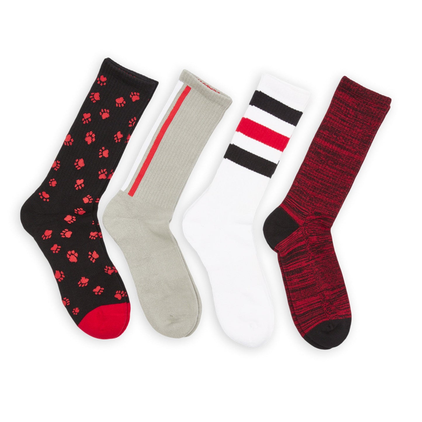 Red/Black mixed socks 8-pack by DeadSoxy with striped and paw-print accents on Tampa Home & Garden Store