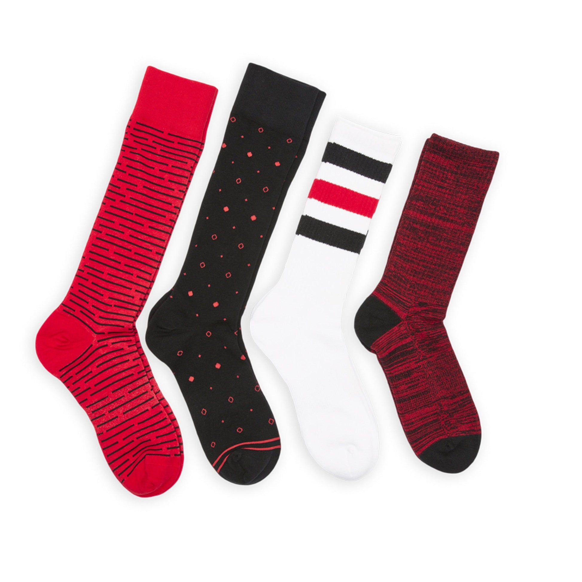 DeadSoxy red/black mixed socks 4-pack with striped, dotted, white stripe, and heathered patterns on Tampa Home & Garden Store