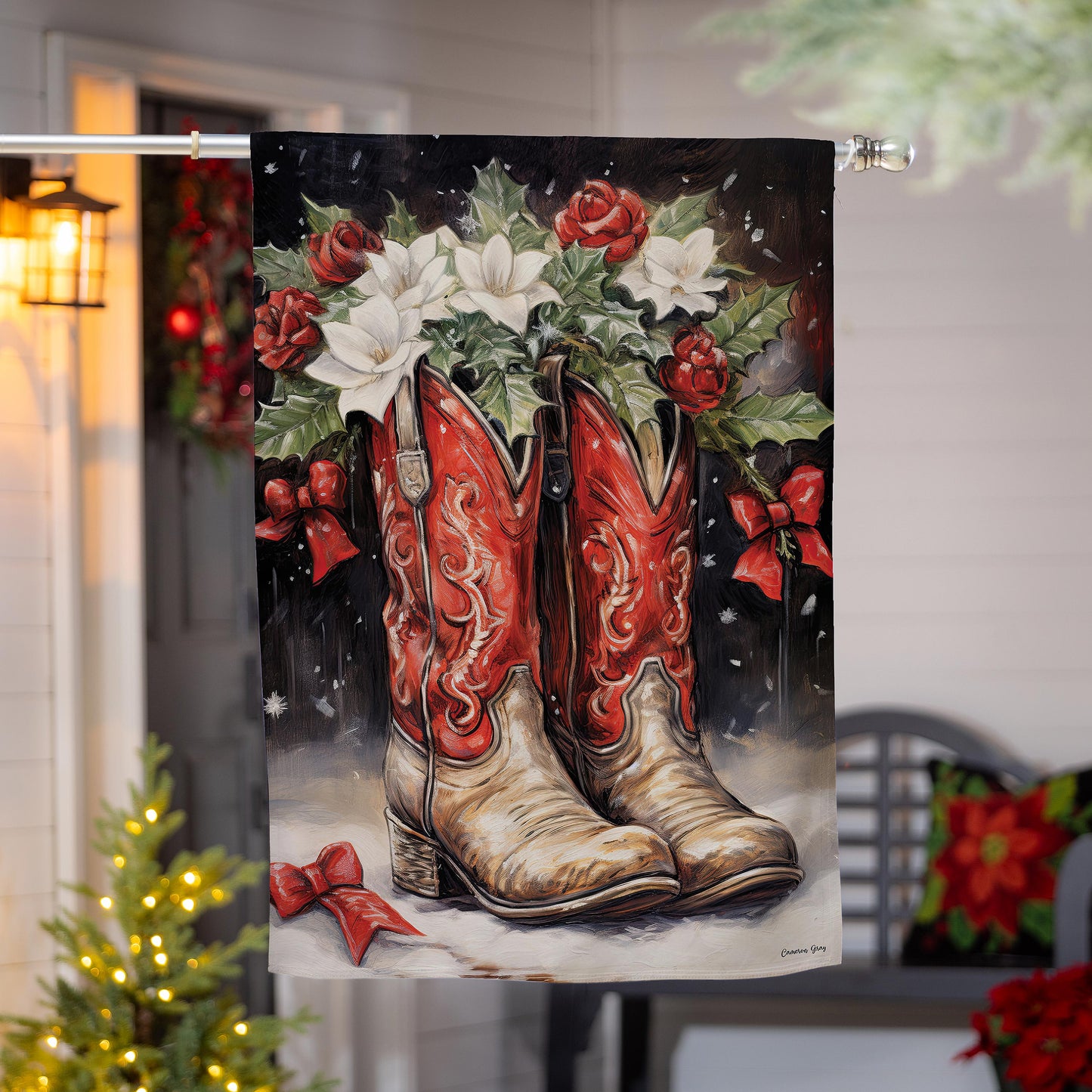 Red Christmas Cowboy Boots Suede House Flag - Tampa Home & Garden Store