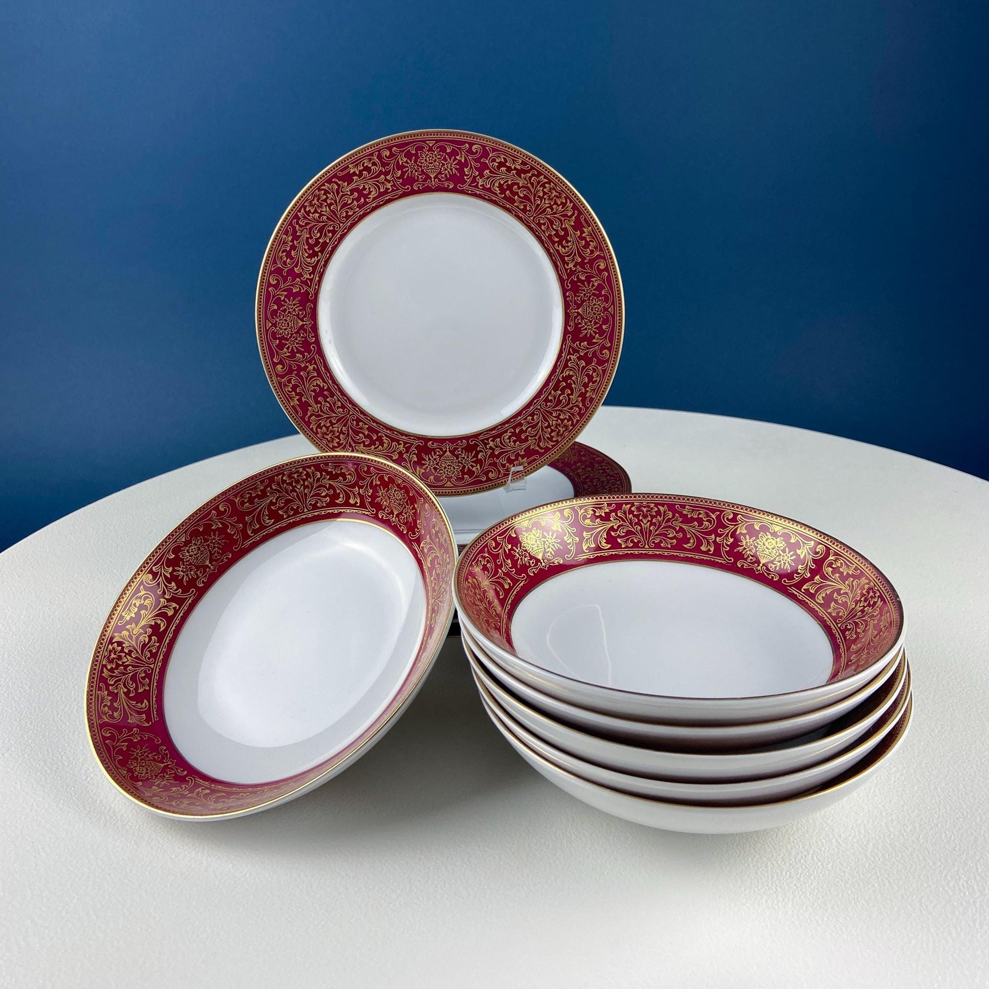 Red & Gold Salad or Dessert  Plates with Matching Berry Bowls. Floral Motif. Harmony House. Set of 6.  Dining Rm Decor. Holiday Table Decor. - Tampa Home & Garden Store