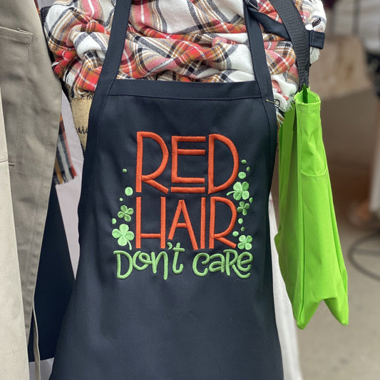 Red Hair Don't Care Embroidered Apron - Craftsman and Canvas Style Options - Tampa Home & Garden Store
