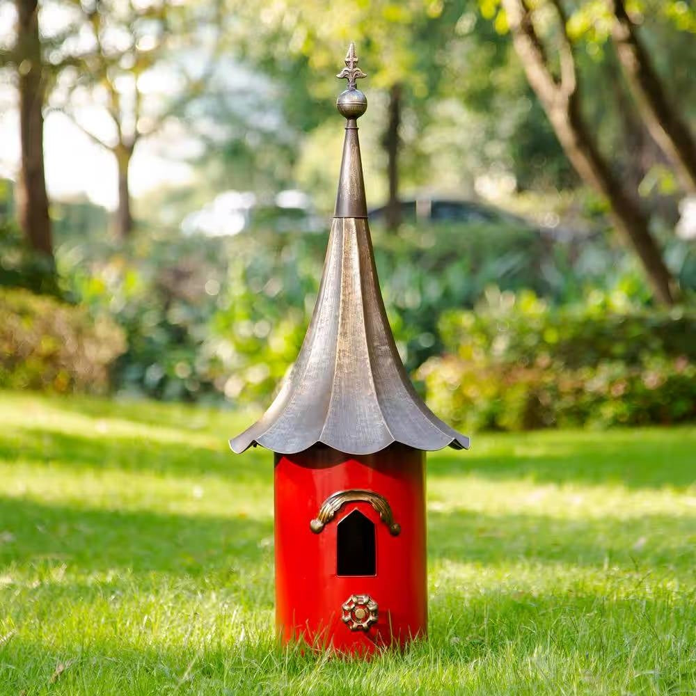 Red Metal Birdhouse with Copper Bronze Finish Gramophone Roof - Tampa Home & Garden Store