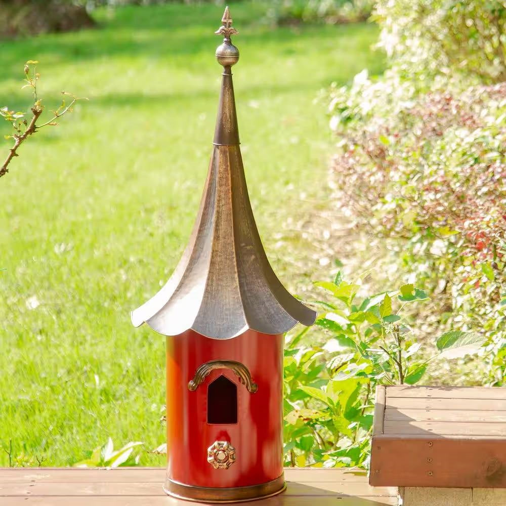Red Metal Birdhouse with Copper Bronze Finish Gramophone Roof - Tampa Home & Garden Store