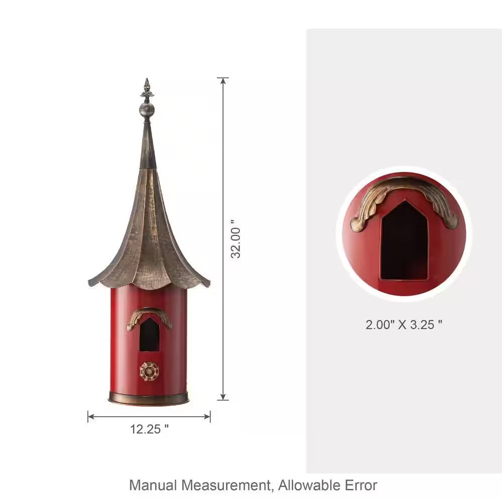 Red Metal Birdhouse with Copper Bronze Finish Gramophone Roof - Tampa Home & Garden Store