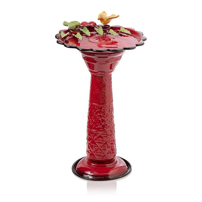 Red Metal Outdoor Garden Patio Birdbath with Decorative Bird Leaf Figurines - Tampa Home & Garden Store