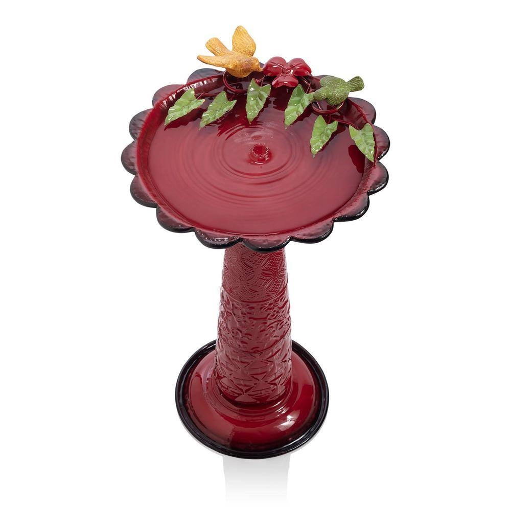 Red Metal Outdoor Garden Patio Birdbath with Decorative Bird Leaf Figurines - Tampa Home & Garden Store
