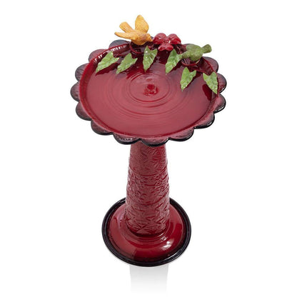 Red Metal Outdoor Garden Patio Birdbath with Decorative Bird Leaf Figurines - Tampa Home & Garden Store