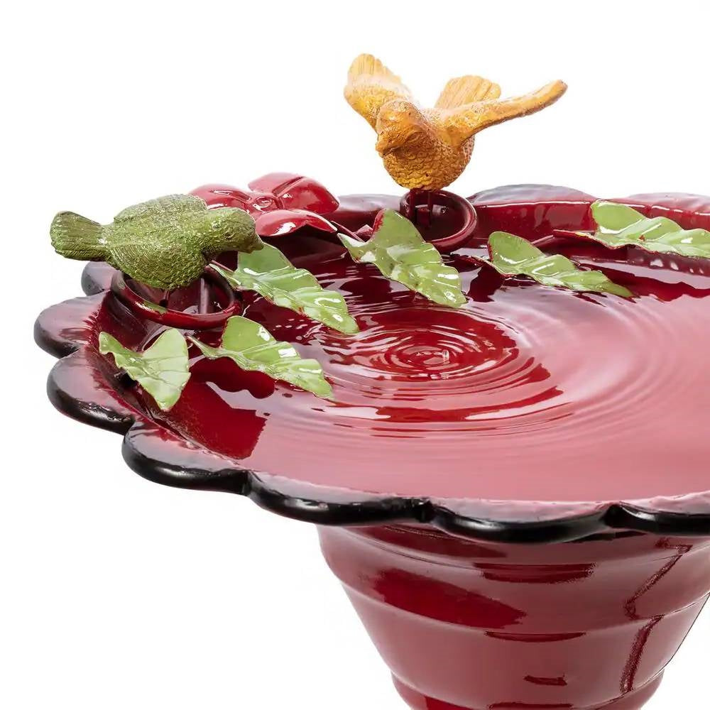Red Metal Outdoor Garden Patio Birdbath with Decorative Bird Leaf Figurines - Tampa Home & Garden Store