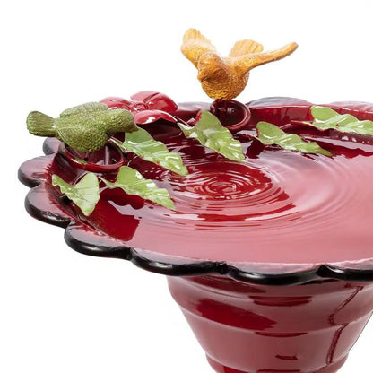 Red Metal Outdoor Garden Patio Birdbath with Decorative Bird Leaf Figurines - Tampa Home & Garden Store