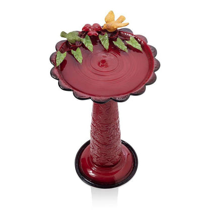 Red Metal Outdoor Garden Patio Birdbath with Decorative Bird Leaf Figurines - Tampa Home & Garden Store