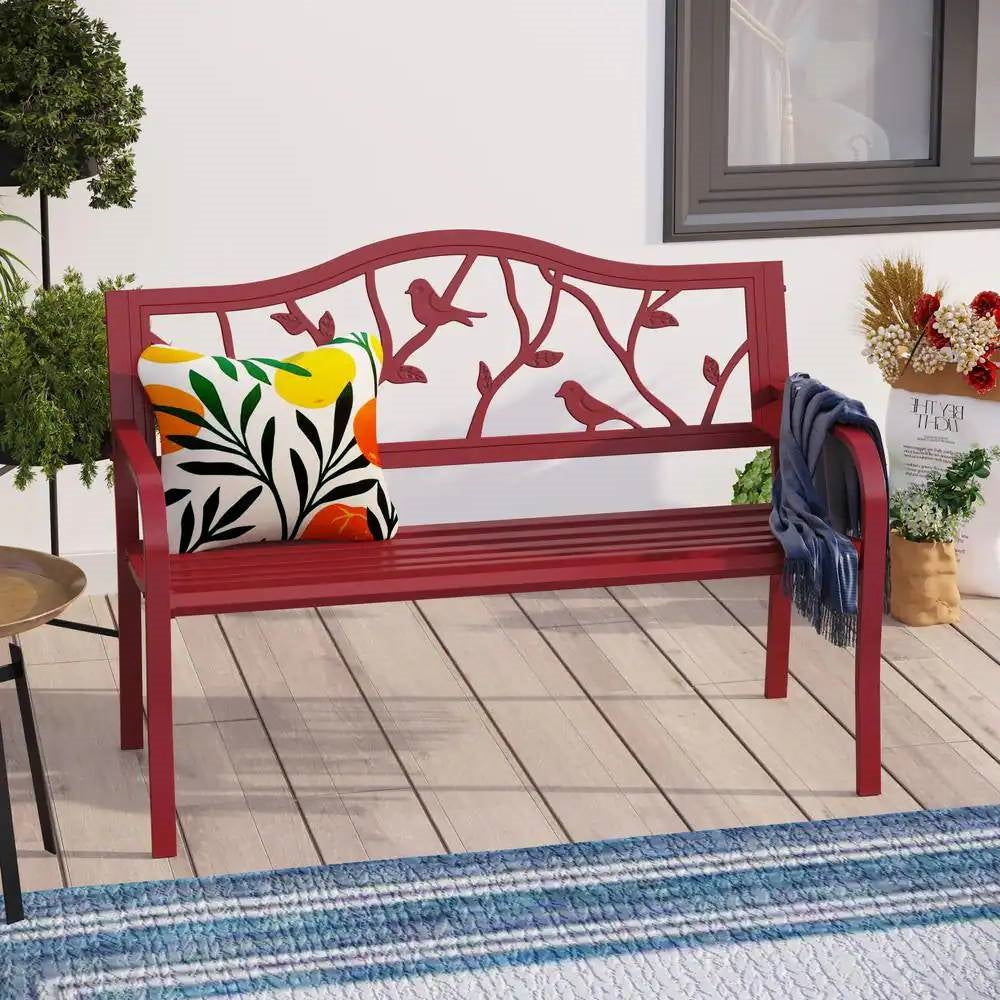 Red Steel Frame Outdoor Patio Garden Bench with Bird Branch Pattern Backrest - Tampa Home & Garden Store