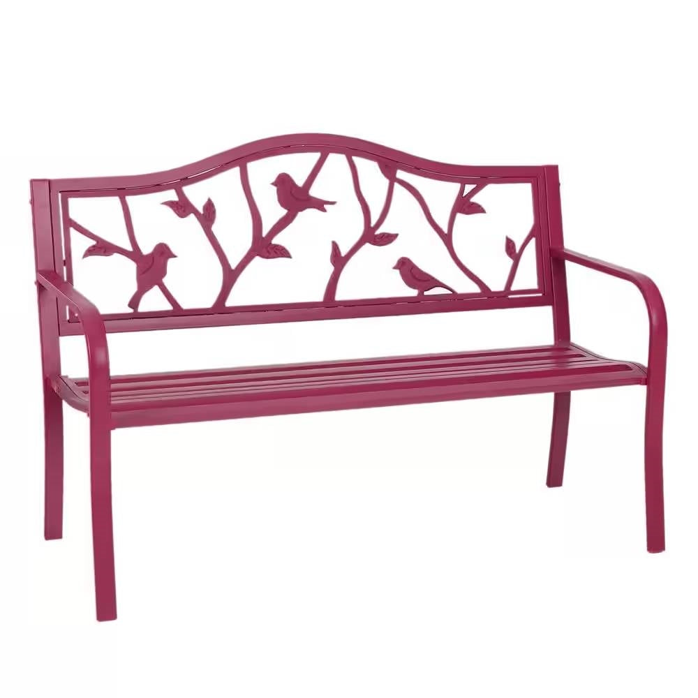 Red Steel Frame Outdoor Patio Garden Bench with Bird Branch Pattern Backrest - Tampa Home & Garden Store