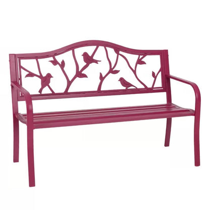 Red Steel Frame Outdoor Patio Garden Bench with Bird Branch Pattern Backrest - Tampa Home & Garden Store