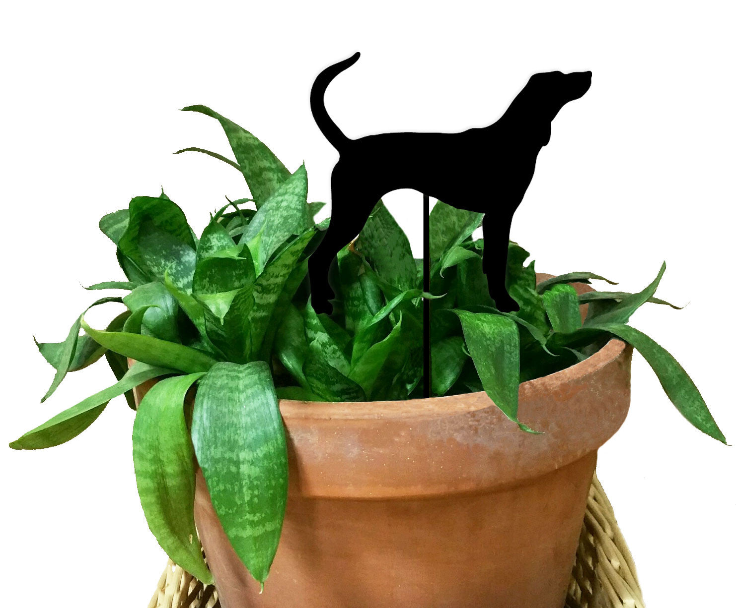 Red Tick Dog Plant Stake by Rustica Ornamentals, black silhouette on a stake in a terracotta pot with green foliage on Tampa Home & Garden Store