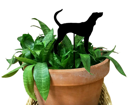 Red Tick Dog Plant Stake by Rustica Ornamentals, black silhouette on a stake in a terracotta pot with green foliage on Tampa Home & Garden Store