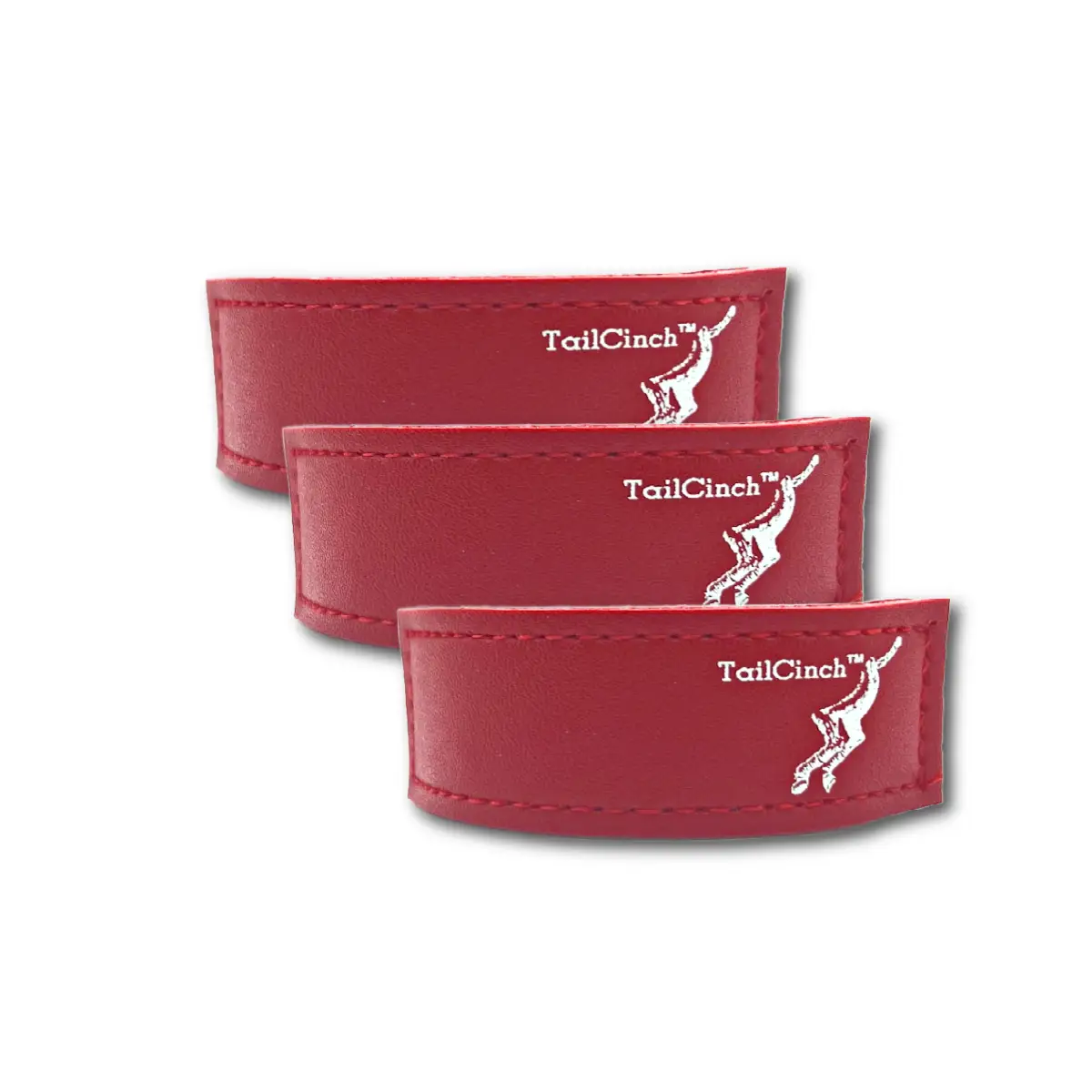 TailCinch Equine Tail Ties set of 3 in red leather with white logo on each band on Tampa Home & Garden Store