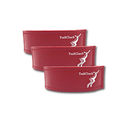 TailCinch Equine Tail Ties set of 3 in red leather with white logo on each band on Tampa Home & Garden Store