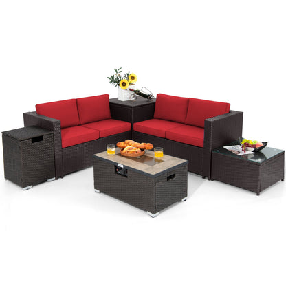 Juego de Muebles de Mimbre para Exterior de 6 Piezas con Mesa con Fogón de Propano de 32 Pulgadas-Beige