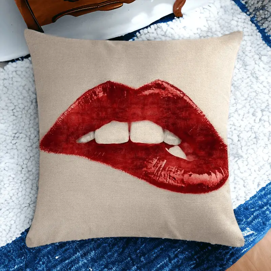 Pucker Up Pillow Case and Insert beige throw pillow with bold red lips print on Tampa Home & Garden Store