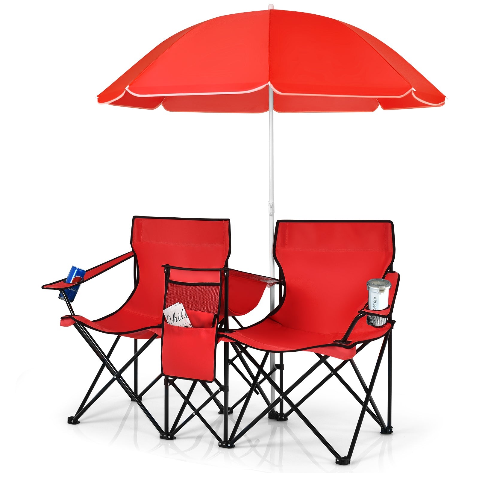 Portable folding pair of picnic chairs by GemGear with umbrella, red fabric, cup holders on Tampa Home & Garden Store