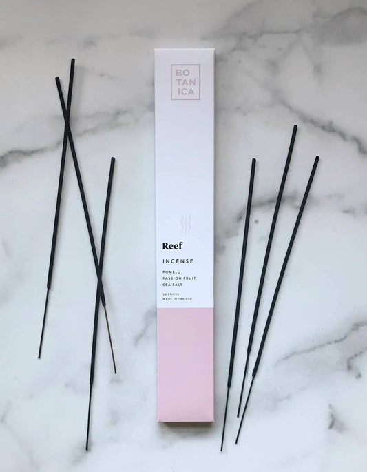 Reef incense box with black sticks, Pomelo Passion Fruit Sea Salt scent by Terra Cotta Botanical Boutique on Tampa Home & Garden Store