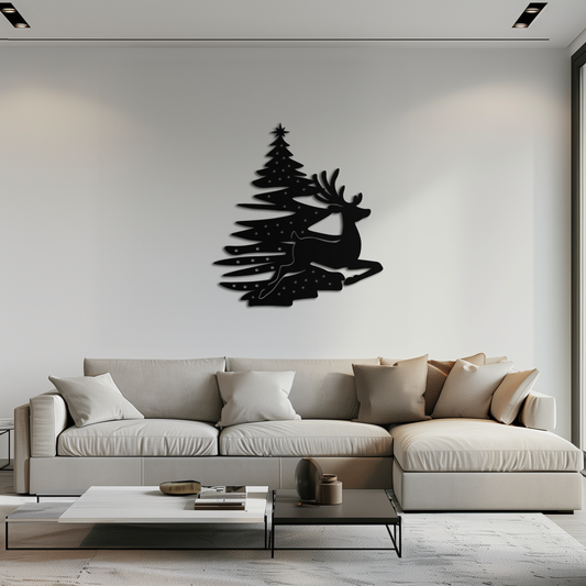 Reindeer and Christmas Tree Metal Wall Art - Festive Holiday Steel Decor- KAF304 - Tampa Home & Garden Store