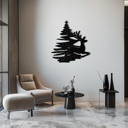 Reindeer and Christmas Tree Metal Wall Art - Festive Holiday Steel Decor- KAF304 - Tampa Home & Garden Store