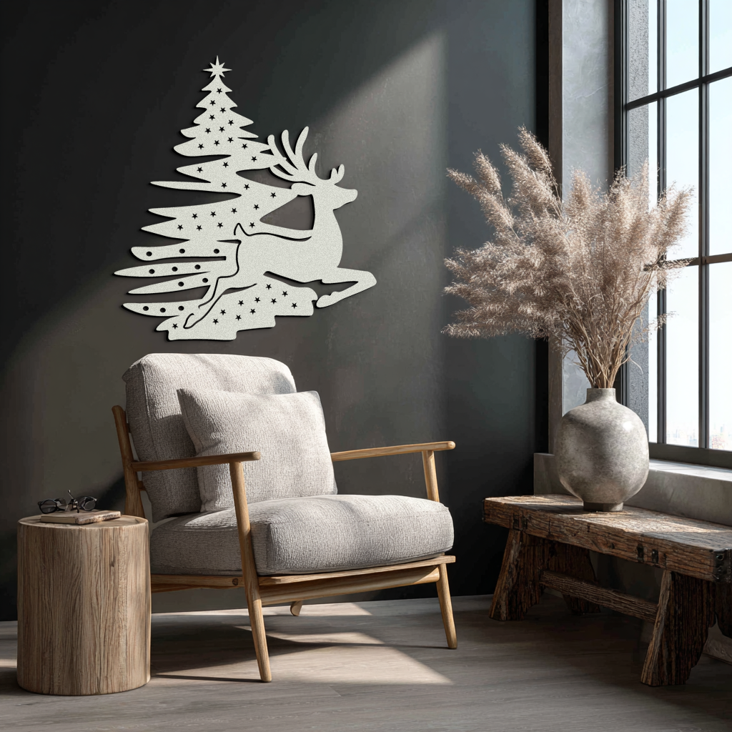 Reindeer and Christmas Tree Metal Wall Art - Festive Holiday Steel Decor- KAF304 - Tampa Home & Garden Store