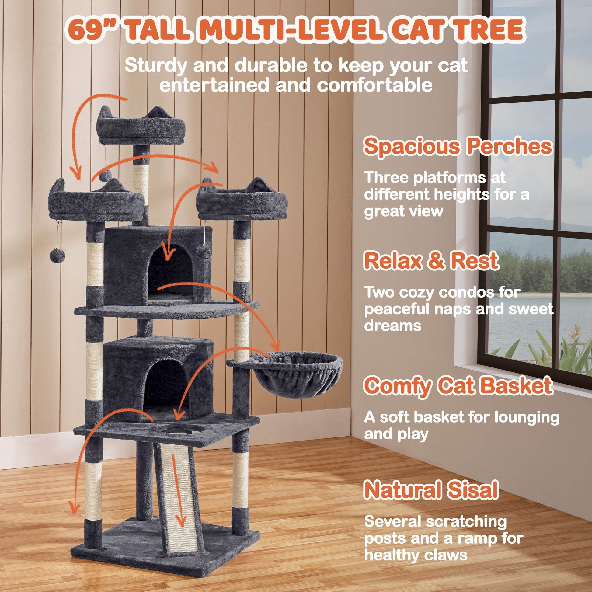 Renwick 69in Large Cat Tree Tower with Condos &amp; Scratching Board - Dark Gray - Tampa Home & Garden Store