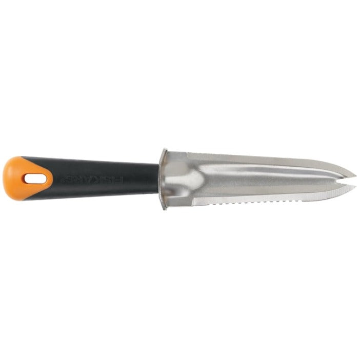 Fiskars Big Grip Multipurpose Planting Tool with black handle and orange end cap, serrated blade on Tampa Home & Garden Store