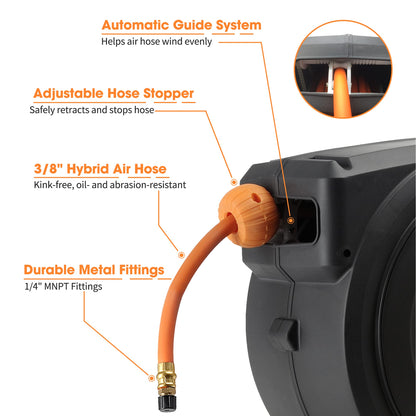 Retractable Air Hose Reel-PP Housing-3/8in-50ft - Tampa Home & Garden Store