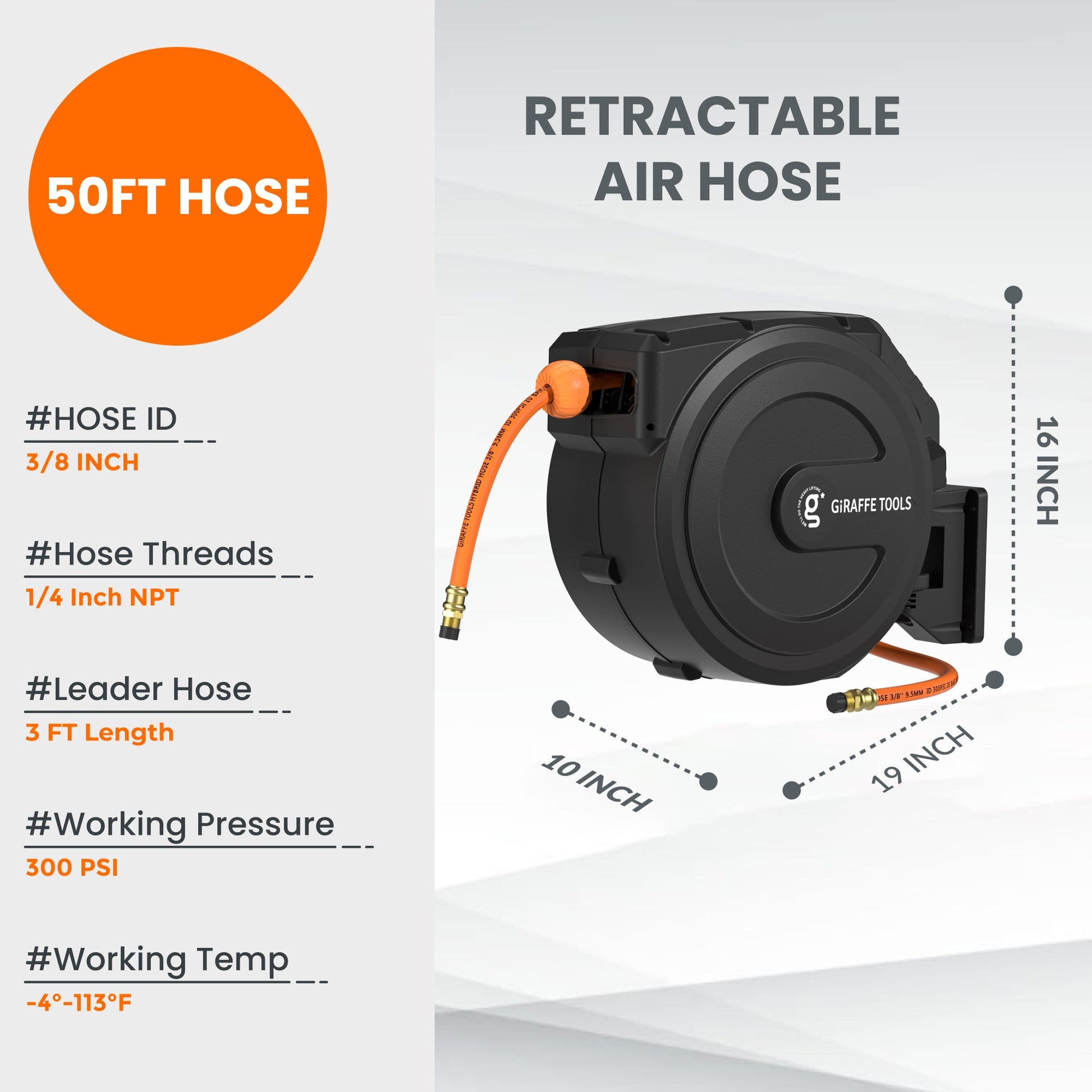 Retractable Air Hose Reel-PP Housing-3/8in-50ft - Tampa Home & Garden Store