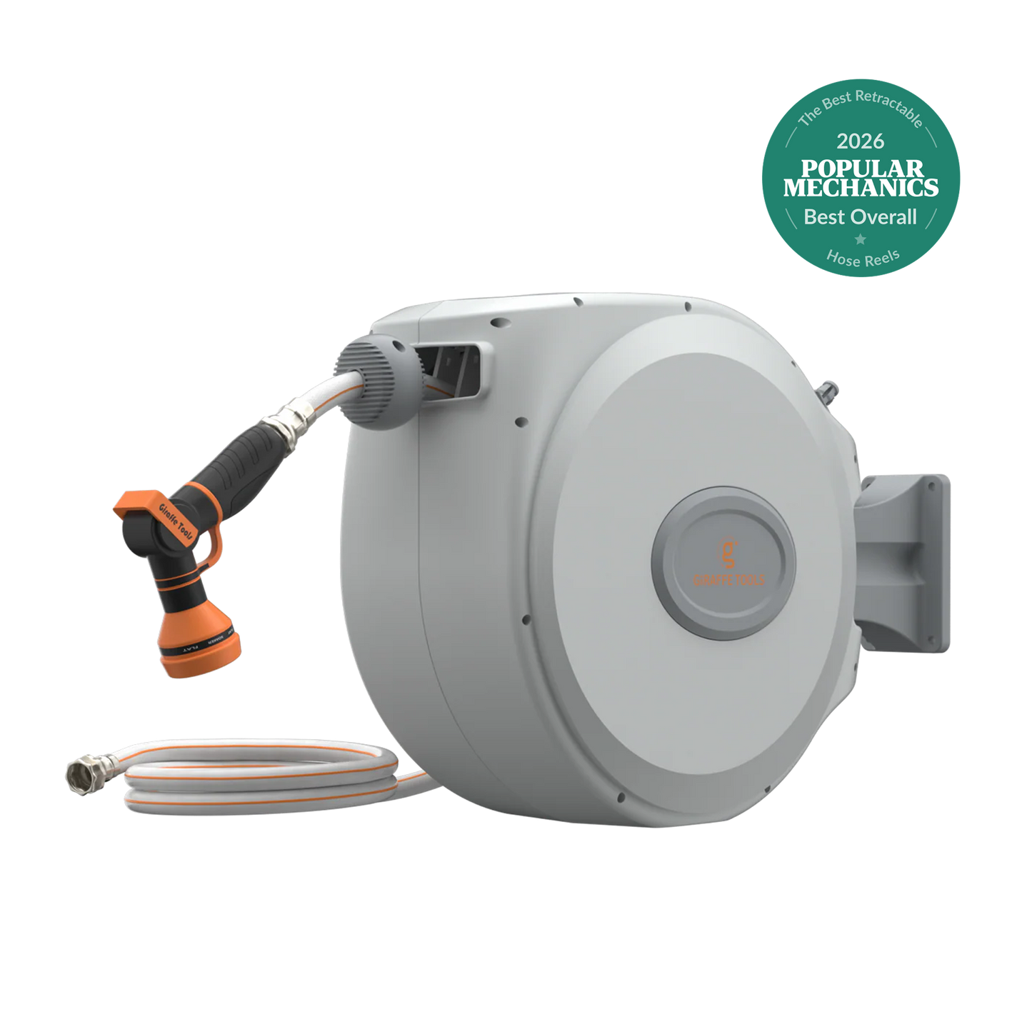Giraffe Tools retractable garden hose reel 65ft-155ft gray unit with orange nozzle on Tampa Home & Garden Store