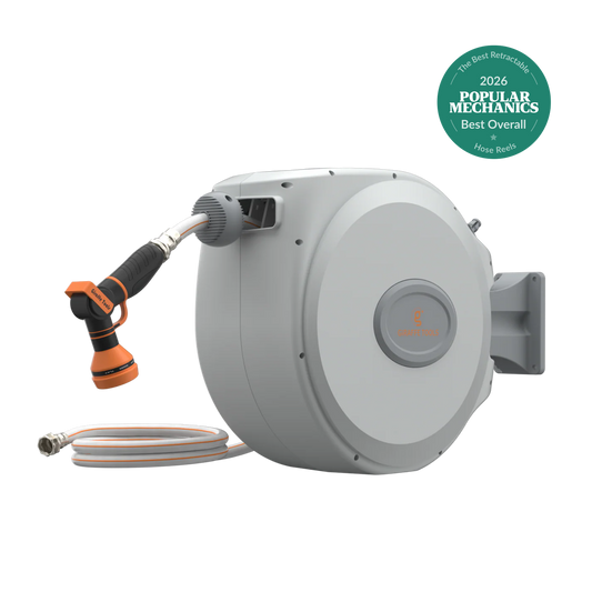 Retractable Garden Hose Reel 65 ft 5/8 in, gray housing with orange hose by Giraffe Tools on Tampa Home & Garden Store