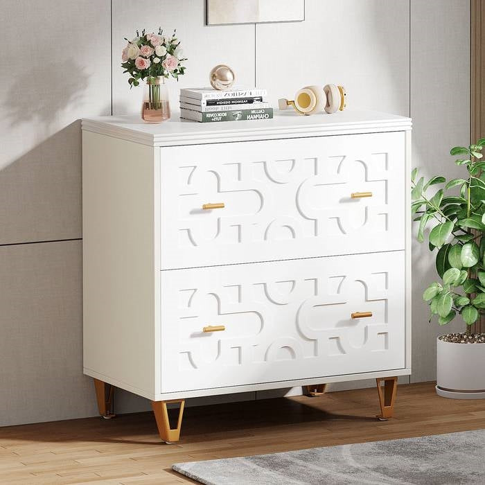 Retro White/Gold Geometric Scroll 2 Drawer Filing Cabinet Printer Stand - Tampa Home & Garden Store