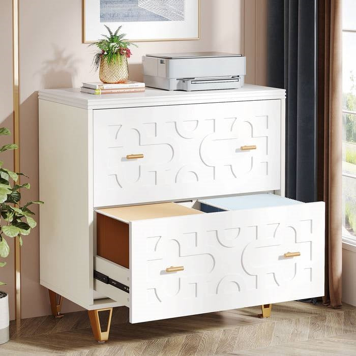 Retro White/Gold Geometric Scroll 2 Drawer Filing Cabinet Printer Stand - Tampa Home & Garden Store
